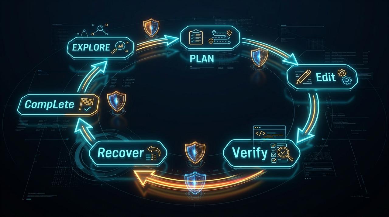 Smoke Monkey 6-Phase State Machine: Explore, Plan, Edit, Verify, Recover, and Complete with loop protection shields